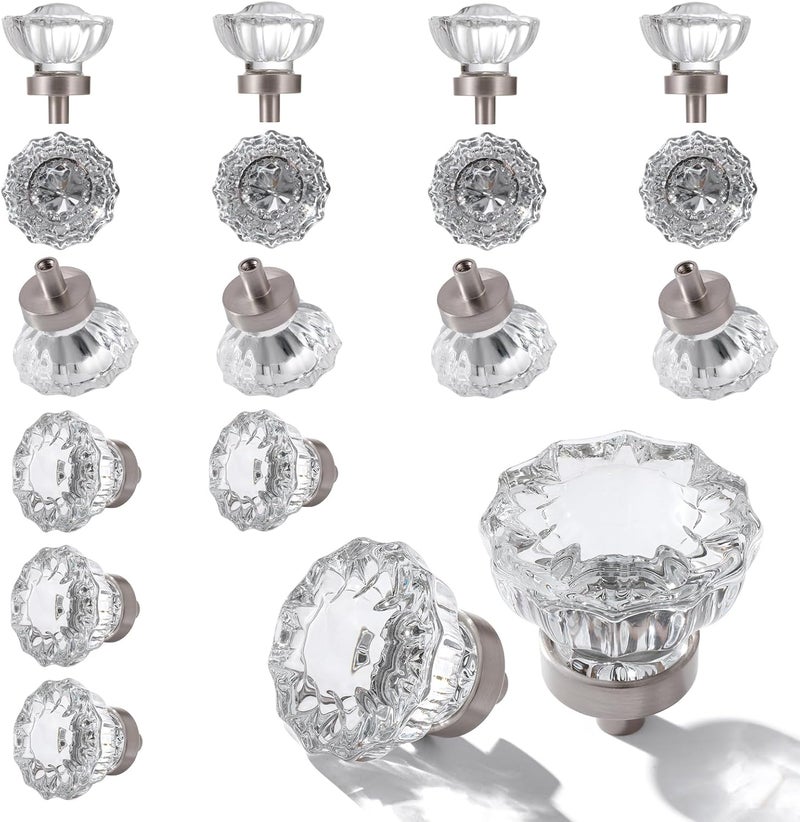 CEYMIO Crystal Cabinet Knobs 16 Pack Clear Glass Pulls for Kitchen Bedroom Bathroom Living Room Furniture, Brushed Nickel Silver Base Old Style Cabinets Closet Dresser Drawers Cupboard Accessories - Image 1